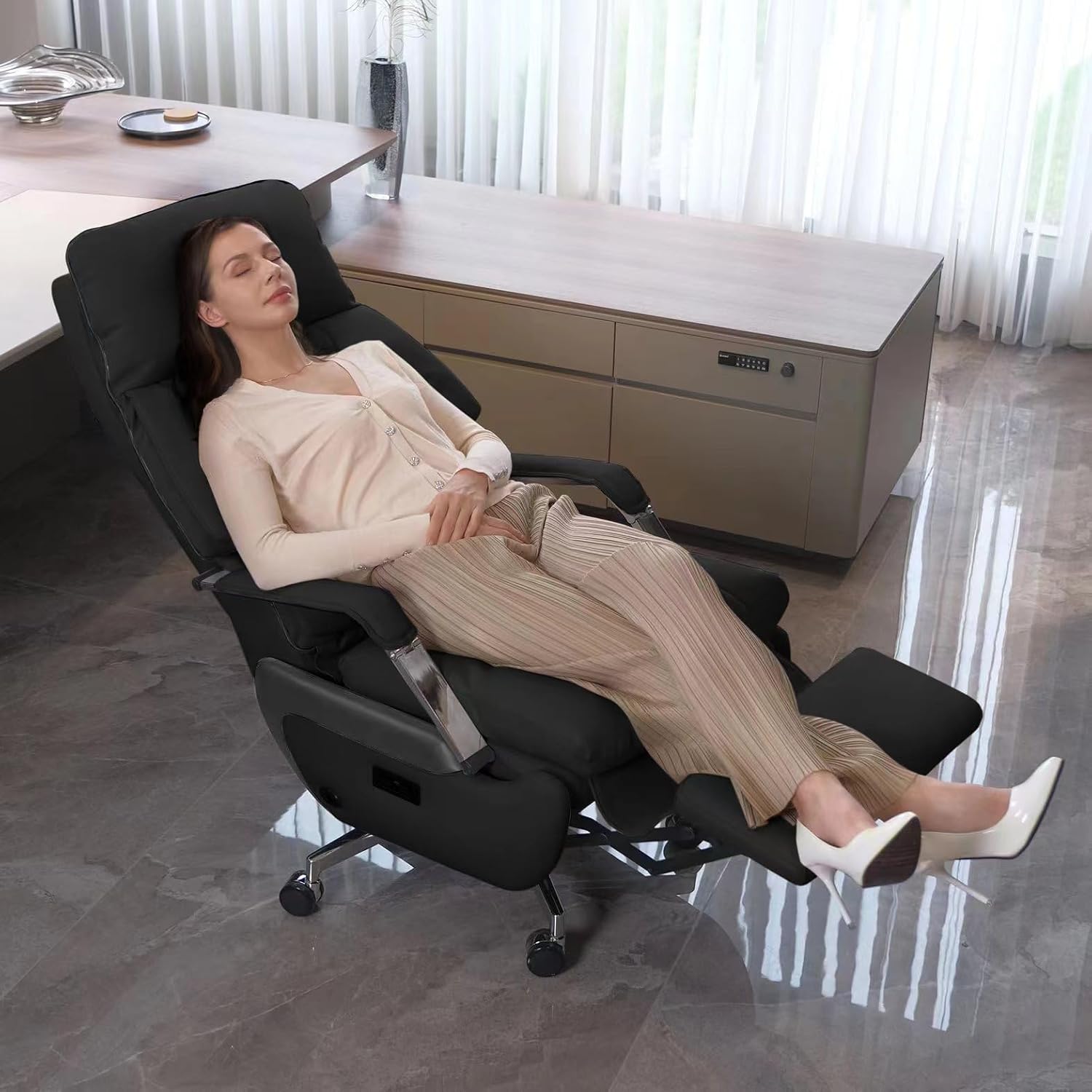 Dual-Motor Executive Office Chair with Footrest Independent Electric Reclining Big and Tall Office Swivel Desk Chair, Ergonomic Chair High Back Large Comfor Home Office Leather Computer Chair (Black)