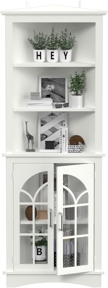 Corner Storage Cabinet, 65" Tall Freestanding Cabinet with Glass Doors & Adjustable Shelves, 5-Tier Corner Display Cabinet for Living Room, Home Office, Bedroom