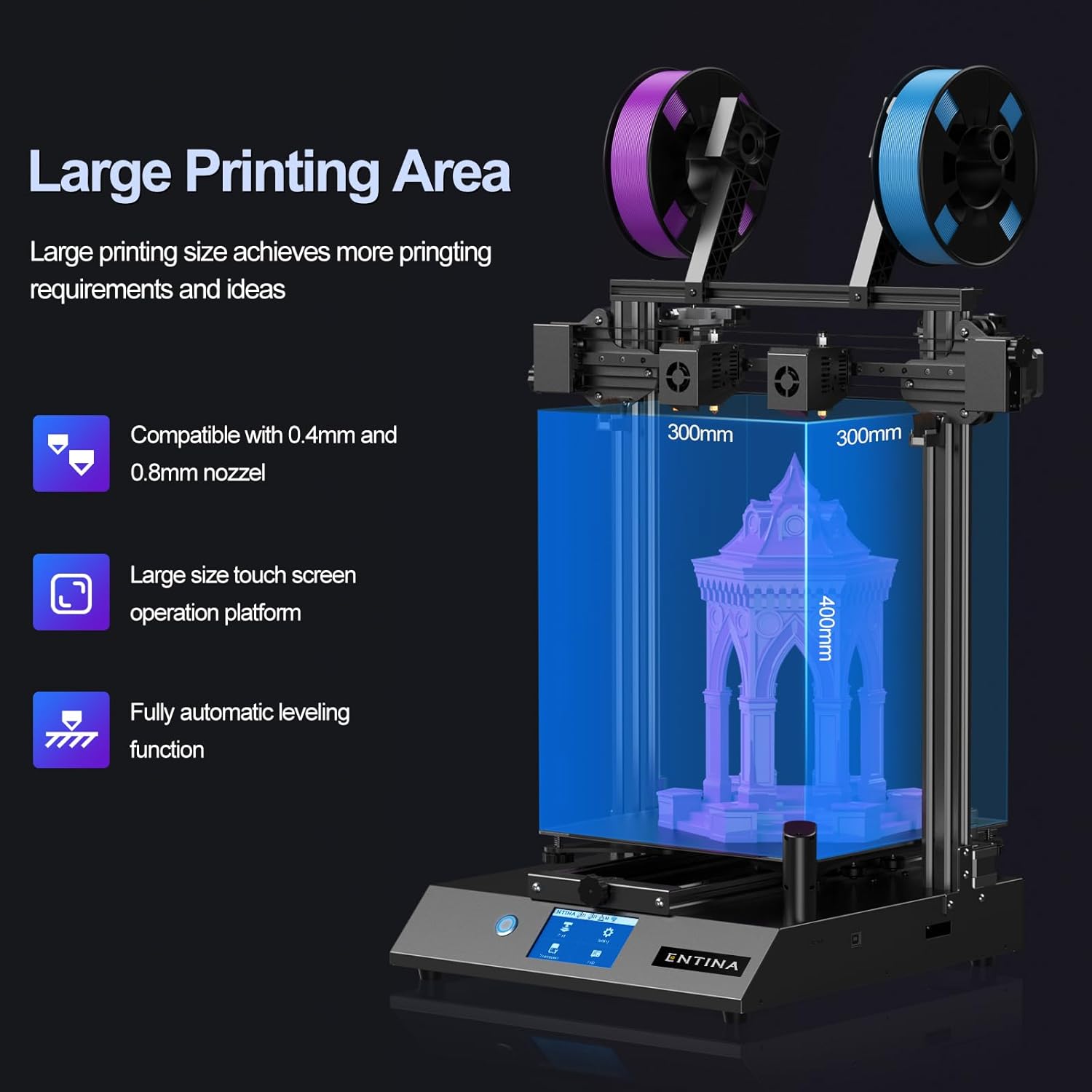 Entina X40 V3 IDEX 3D Printer, Independent Dual Extruder 3D Printer with 295° High Temperature Nozzles,32-bit Silent Motherboard, 4.3" Touch Screen, Built-in Camera, Wi-Fi Printing 300x300x400mm