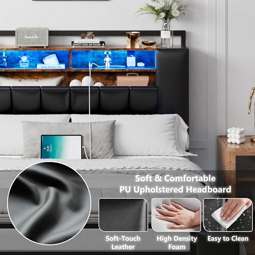 Alohappy Full Size Bed Frame with Storage Headboard & Charging Station, PU Leather Platform Bed Frame Full with LED Lights and Hidden Storage, Heavy Duty Metal Slats, No Box Spring Needed, Black