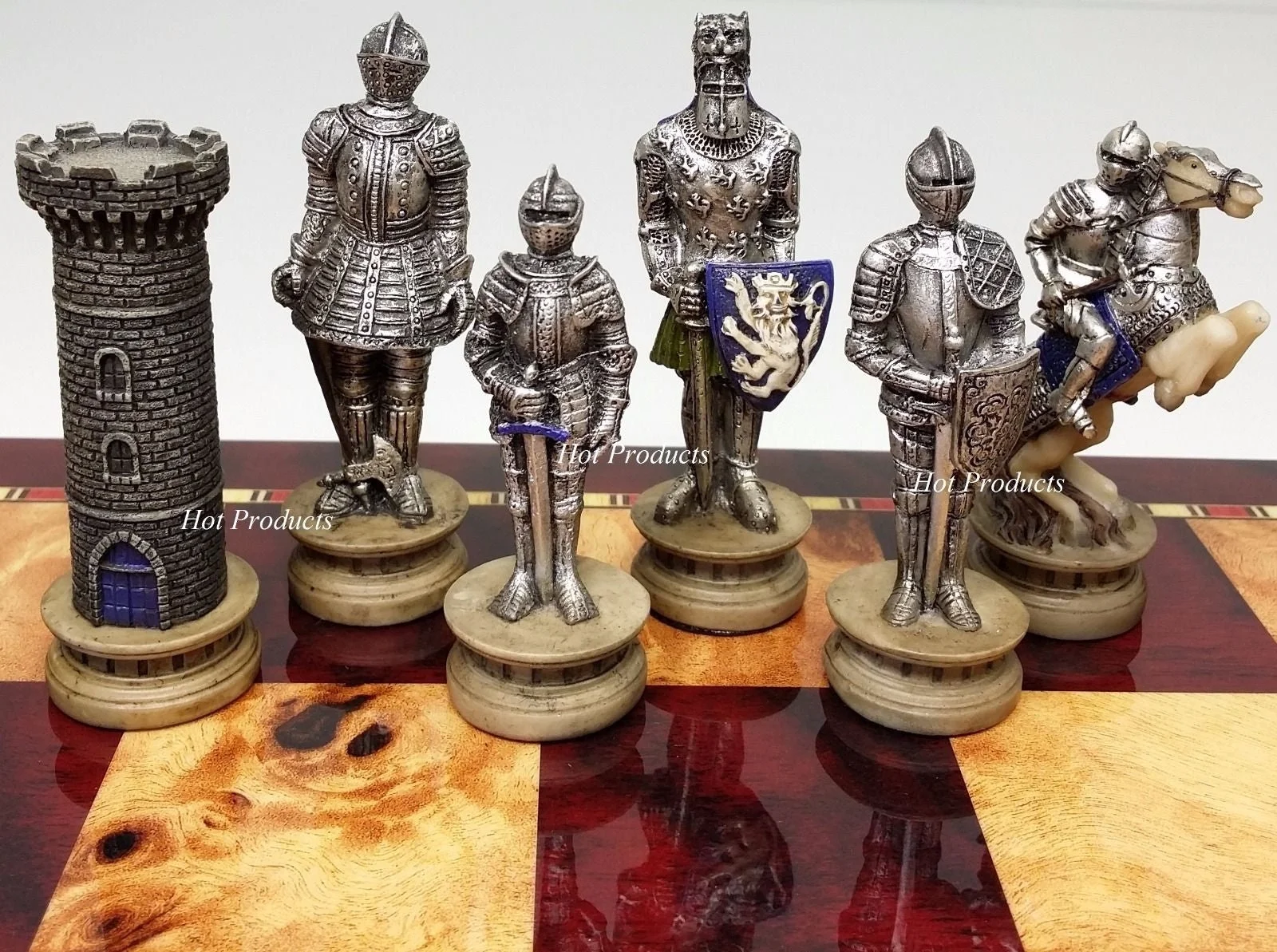 Medieval Times Crusades Gold &Silver Armored Knights Chess Set W/ 18 High Gloss Cherry &Burlwood Color Board