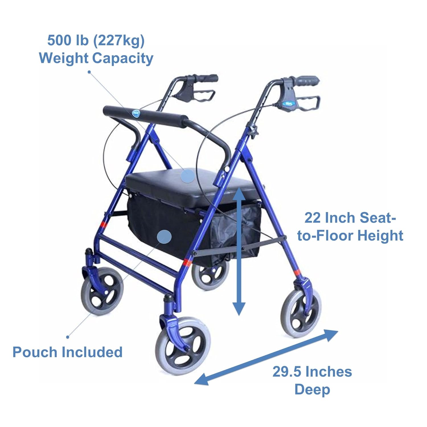 Invacare Bariatric Rollator, 500 lb. Weight Capacity, Flip-Up Padded Seat, 66550, Blue
