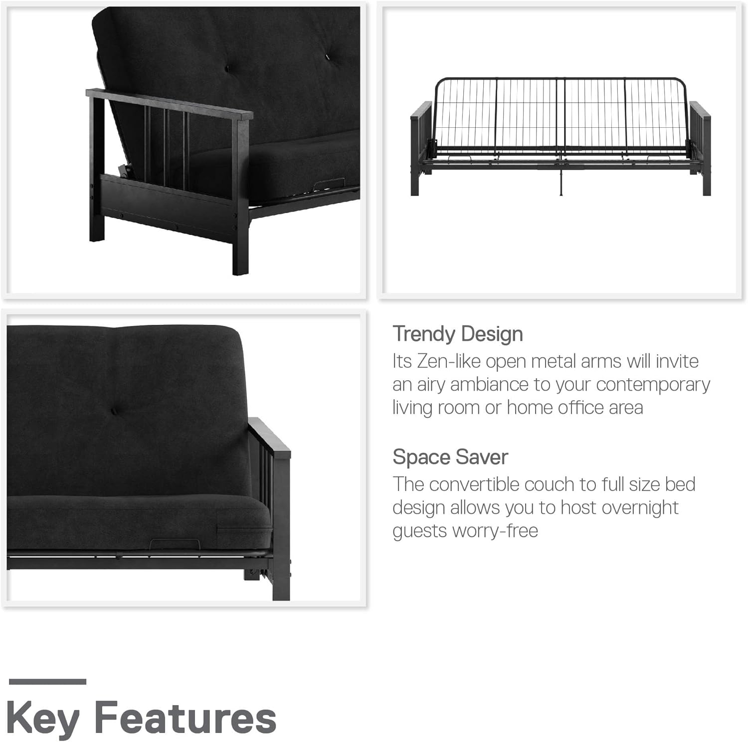 REALROOMS Bretta Contemporary Black Metal Arm Futon Frame