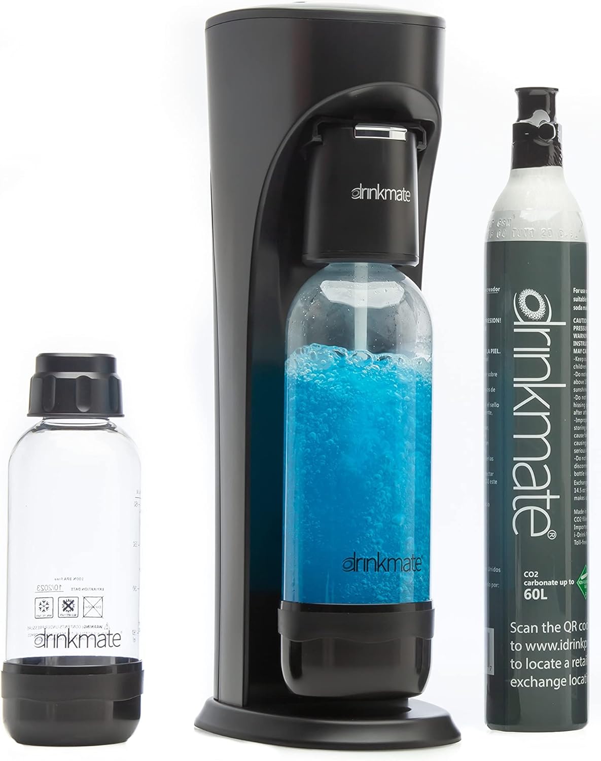 Drinkmate Sparkling Water and Soda Maker, Carbonates Any Drink, Special Bundle - Includes 60L CO2 Cylinder, Two Carbonation Bottles, and Fizz Infuser - Matte Black