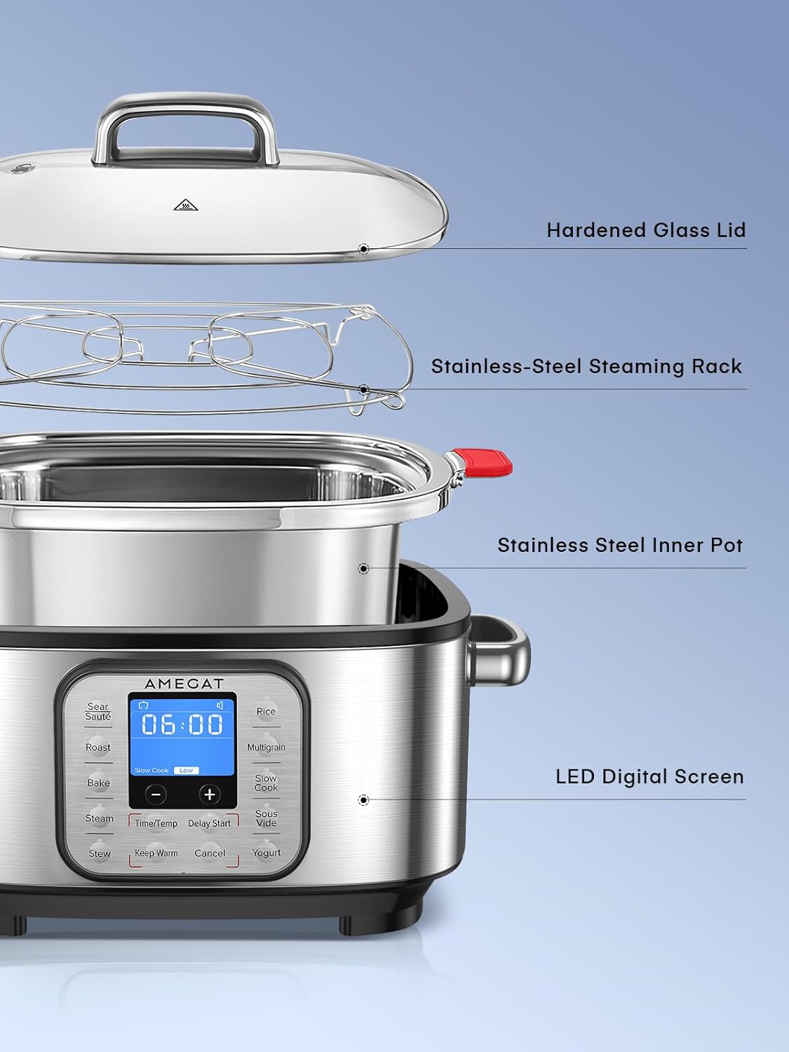 10-in-1 Programmable Slow Cooker 6 Quart with Stainless Steel Pot, Glass Lid, Steaming Rack, and LED Display