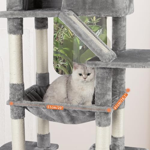 73 inches Large Cat Tree for Indoor Cats, Tall Cat Tower with Sisal Scratching Posts and Pads, Padded Plush Perch, Cozy Basket, Plush Condo for Large Cats, Beige