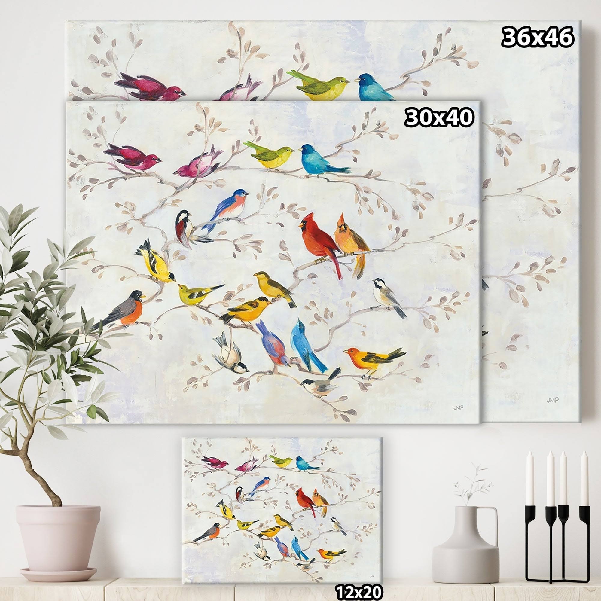 Designart &Multi-Color Bird on Tree& Modern Farmhouse Canvas Art - Multi-Color 40 in. Wide x 30 in. High