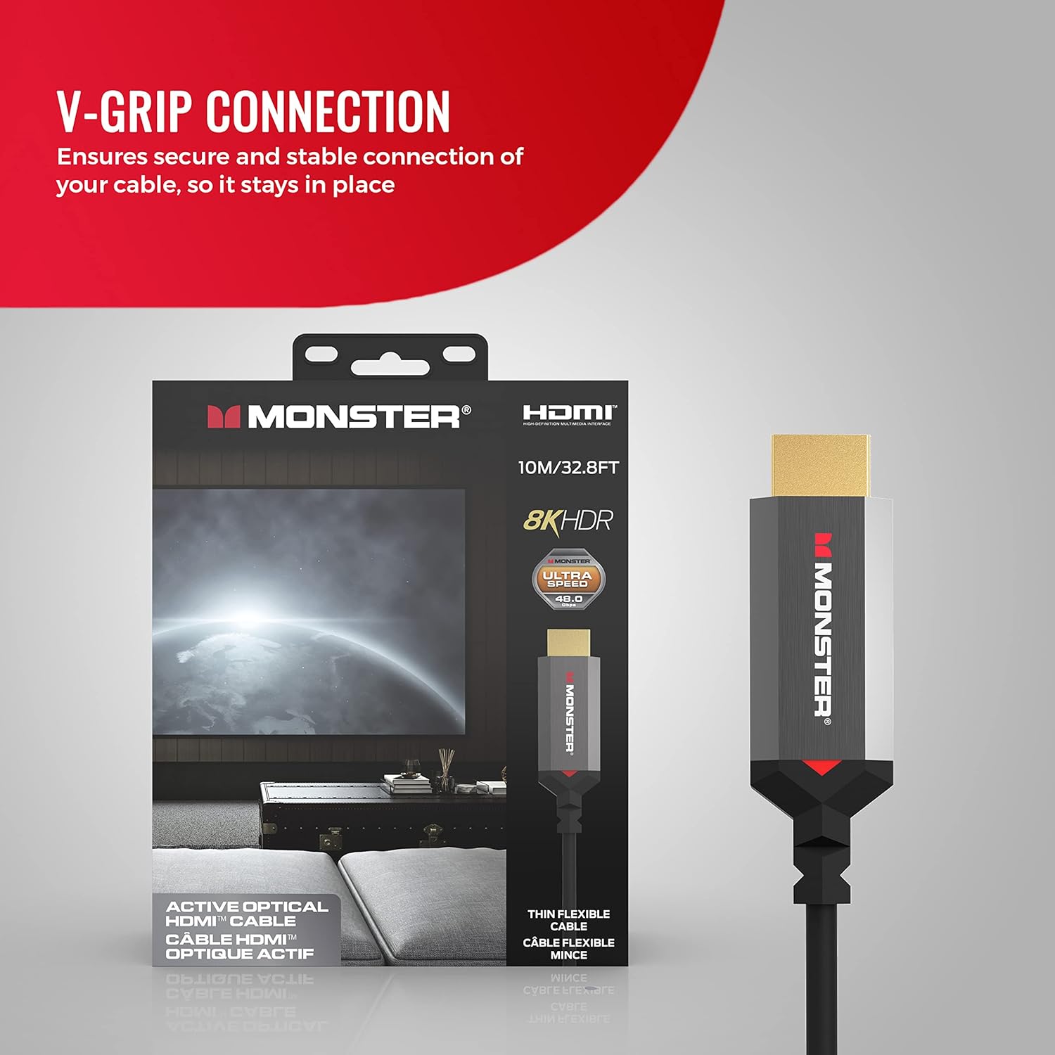 Monster Essentials HDMI 2.1-48 Gbps Active Optical Cable Featuring Aluminum Extrusion Connector - Supports 8K @ 60HZ, 4K @ 120HZ, Premium Certified, V-Grip, 15 Meters