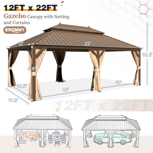 EROMMY 14'x20' Hardtop Gazebo Double Roof Galvanized Steel Canopy Outdoor Aluminum Frame Permanent Metal Pavilion with Netting and Curtains for Patio Backyard Deck and Lawns