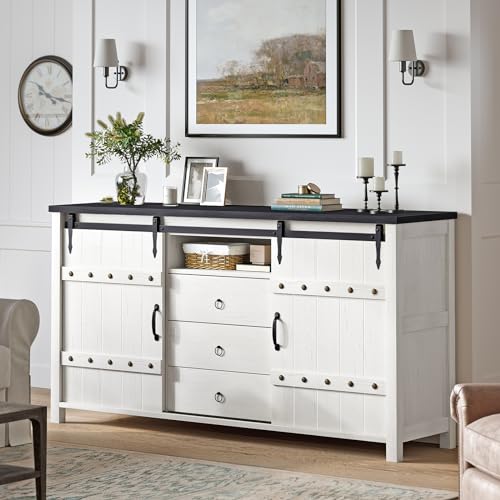 REAHOME 60" Buffet Cabinet with Storage, Farmhouse Sideboard Buffet Cabinet with Sliding Barn Doors & 3 Drawers, Wood Coffee Bar Cabinet Buffet Table for Kitchen, Dining Room, Rustic Brown