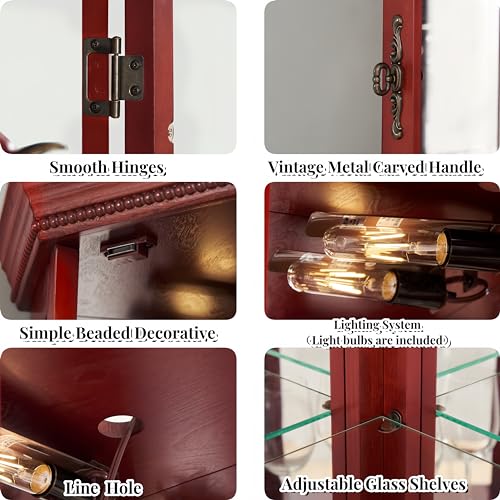 Corner Curio Cabinet Lighted Display 69.59 inch with Glass Doors & 4 Adjustable Glass Shelves & Classical Metal Handles - Perfect for Collectibles,Cherry(Light Bulbs are Included)
