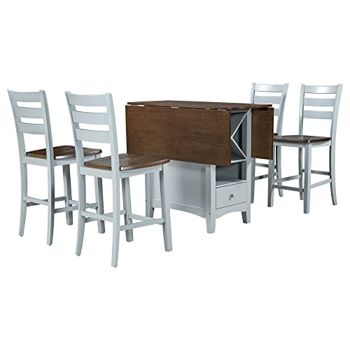 Counter Height Wood 5-Piece Dining Table Set with Drop Leaf, Space-Saving Kitchen Table Set with Wine Rack and Drawers, Rectangular Dining Table & 4 Chairs, Cherry+Gray