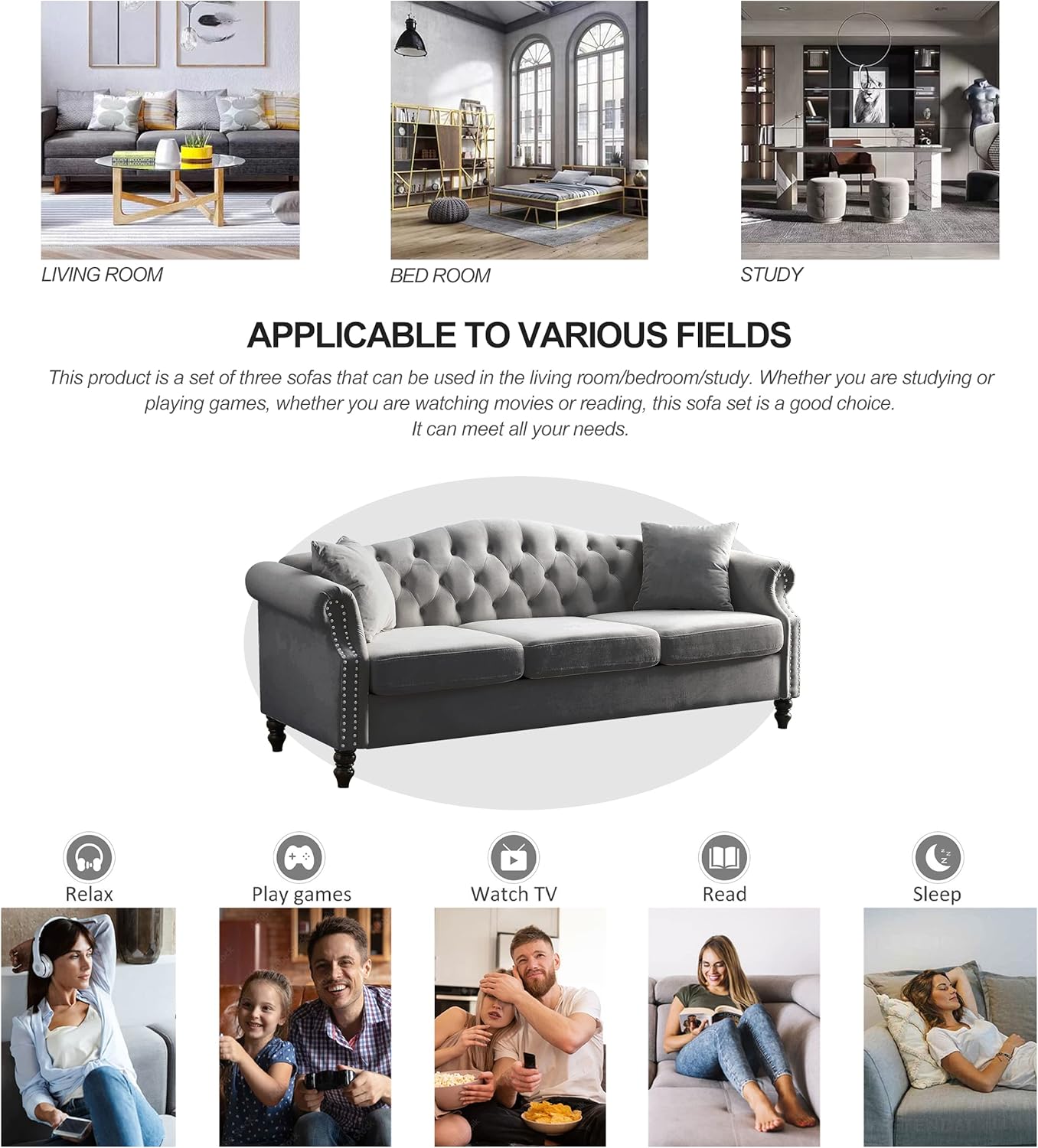 79" Chesterfield Sofa Grey Velvet for Living Room, 3 Seater Sofa Tufted Couch with Rolled Arms and Nailhead for Living Room, Bedroom, Office, Apartment, 2 pillowsW834S00012