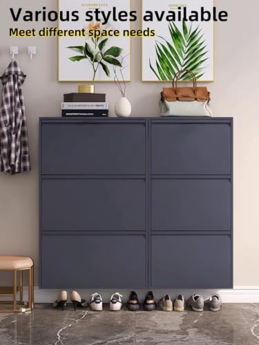 Shoe Cabinet Storage for Entryway,No-Assembly Large Shoe Rack Cabinet with 3 flip Drawers,Hidden Narrow Metal Freestanding Shoe Organizer for Living Room, Bedroom and Garage,Wall Mounted,black, Grey