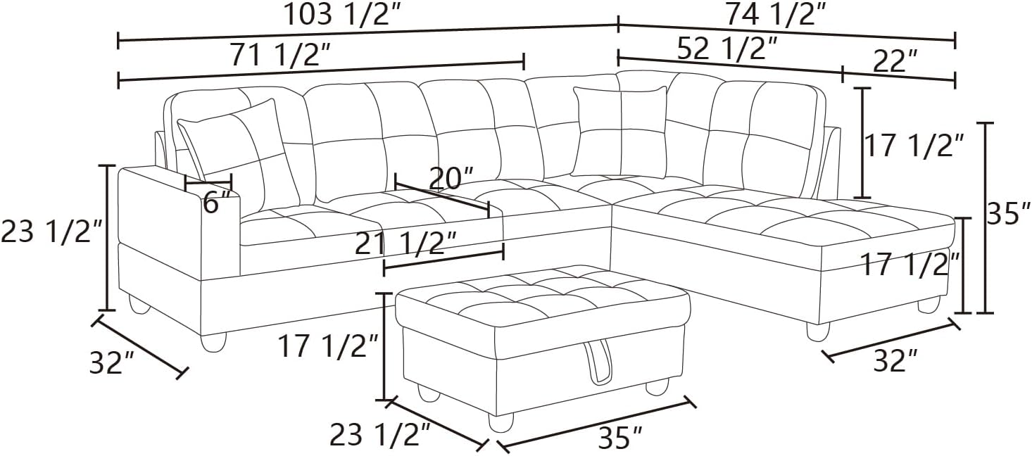 103 Inch L Shape 3 Piece Sectional Sofa Set, Upholstered Corner Couch with Storage Ottoman & Right Chaise Lounge, Faux Leather Tufted Cushions, for Living Room, Apartment, Black