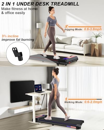 Walking Pad Under Desk Treadmill with Incline for Home and Office,Remote Control LED Display 3 in 1 Portable Mini Walking Jogging Machine