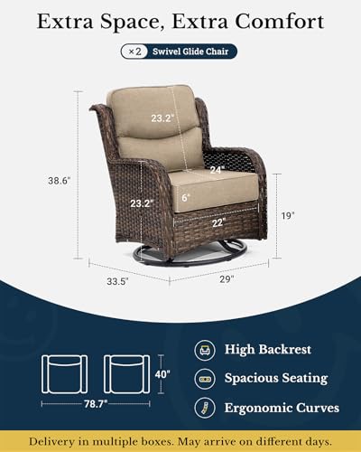Luxury Patio Furniture Set with 6-inch Thick Cushion, Outdoor Couch and High Back Swivel Rocker Patio Chairs, 7PCS Wicker Conversation Set for Deck, Yard, and Poolside in Blue (V2)