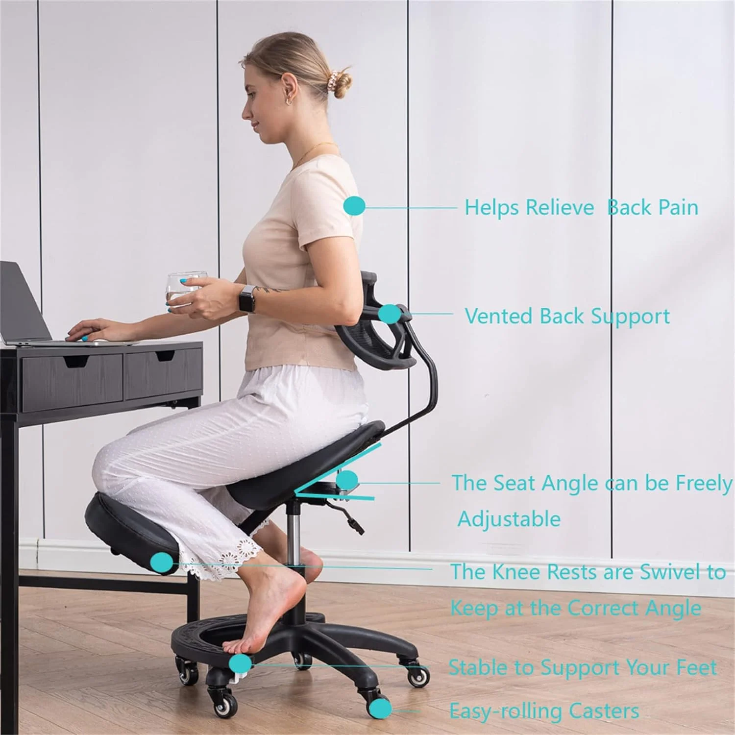 xrboomlife Ergonomic Kneeling Chair with Back Support  Wheels  Adjustable Saddle Chair for Home and Office with Angled Seat for Better Posture  Black