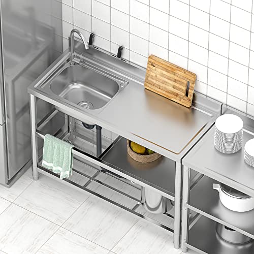 Stainless Steel Commercial Kitchen Sink, Free Standing, Single Bowl Sink Basin with Cold & Hot Water Faucet, Indoor and Outdoor Sink, 21.7 in