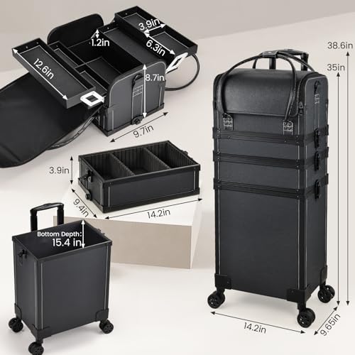 Costravio Rolling Makeup Case 5 IN 1 Cosmetology Case on Wheels Makeup Organizer Travel Case with Shoulder Strap for Makeup Artists Nail Tech School Salon Barber Makeup Trolley Cart Black Leather