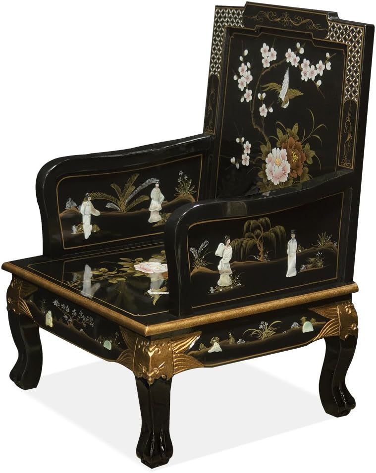 ChinaFurnitureOnline Wooden Asian Arm Chair, Black Lacquer Chinoiserie with Pearl Maidens