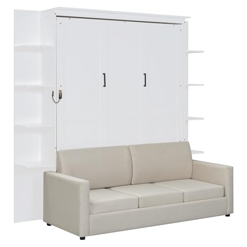 Polibi Queen Size Murphy Bed - Multi-Functional Wall Bed with Sofa Cushion, Folds into Cabinet, Ideal for Guest Room/Home Office/Gym, Gray
