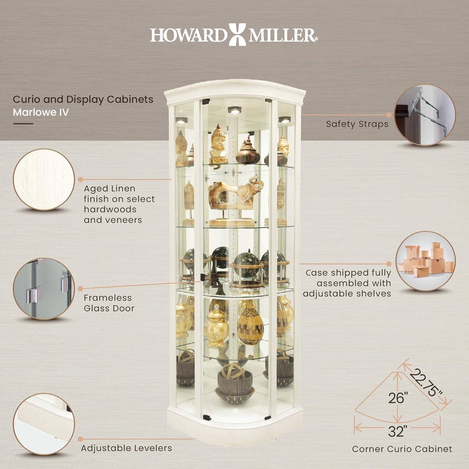 Howard Miller Marlowe IV Corner Curio Cabinet 680-665 – Aged Linen Finish Home Decor, Four Glass Shelves, Five Level Display Case, No Reach Roller Halogen Light