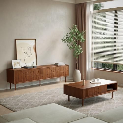 POVISON Mid-Century Modern TV Stand, Walnut Modern TV Stand with Storage for Living Room, Entertainment Center, Wood TV Media Console, Fully-Assembled(Walnut, 70.87")