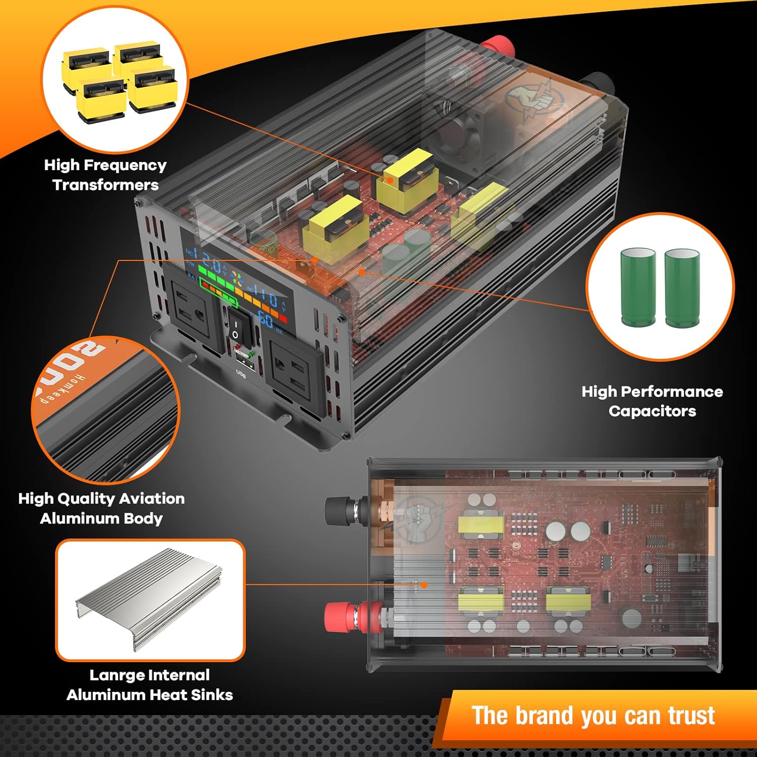Power Inverter 2000 Watts 12V to 110V, Modified Sine Wave DC to AC Car/Home Converter, Dual 110V AC Outlets, USB Port, LED Display for Home, Outdoor, Camping, RV, Truck, Boat, Laptop and Emergency