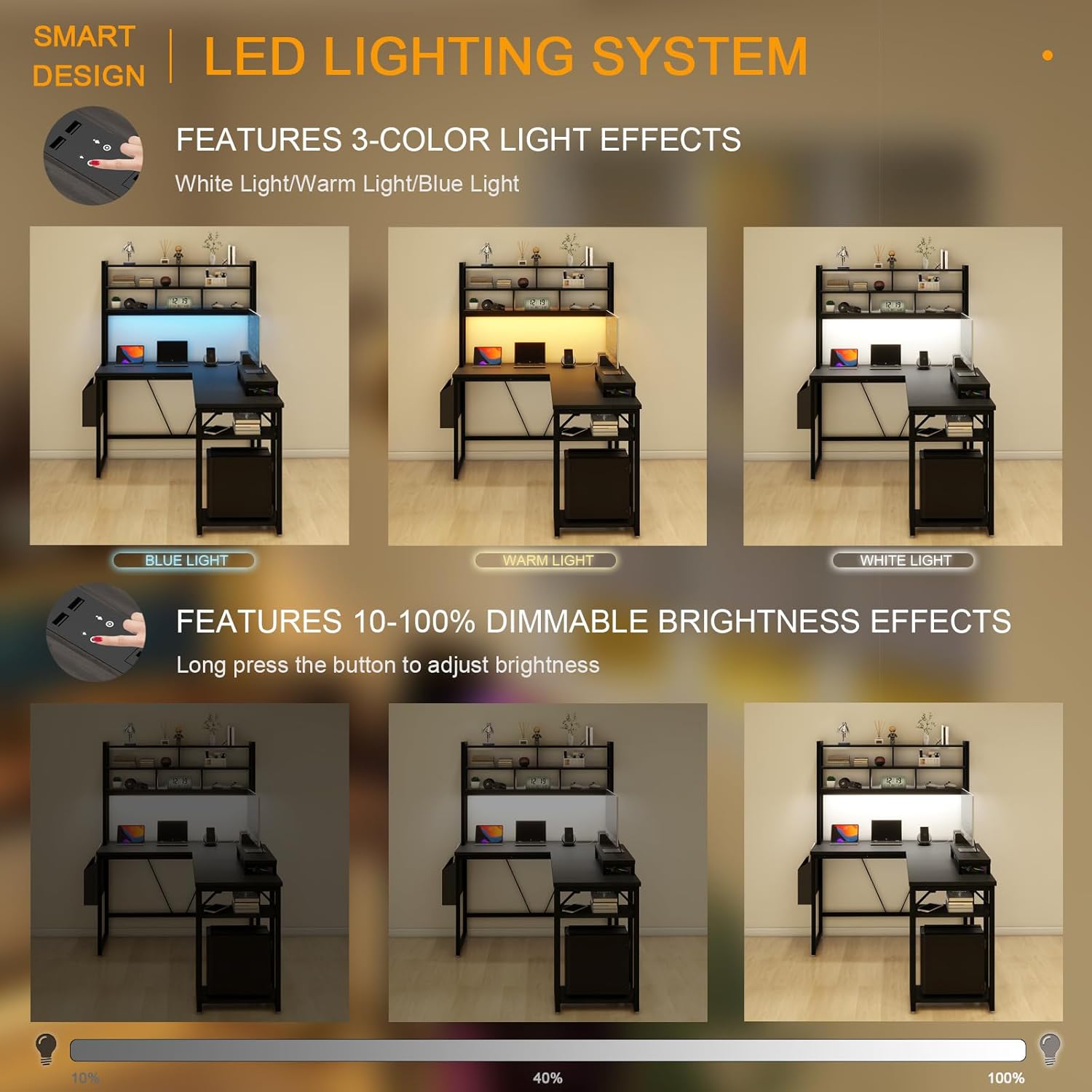 L Shaped Computer Desk with LED Sensor Lights and Power Outlets, Reversible L Shape Gaming Desk with Storage Bag and Hutch Monitor Stand, Home Office Desk with USB Port