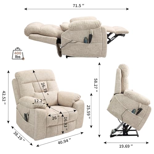 Light Grey Recliner Chair for Elderly | Tall and Big Man 400lbs | Chenille | Power Lift, Lay Flat, Stand Up, Wireless Charging Device, Extended Footrest, Massage Heat, Cup Holder, Lumbar Pillow