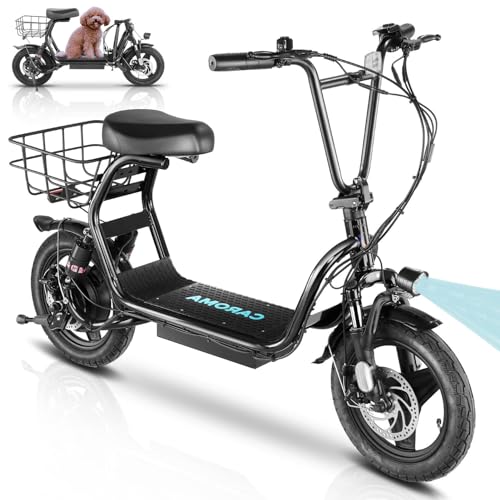 Caroma Peak 500W/800W/1200W Electric Scooter with Seat, Max 15/20/30Miles Range&20MPH, 14" Tires Foldable Adult Electric Scooter with Basket for Pets & Cargo, Dual Shock Absorbing Ebike for Commuting