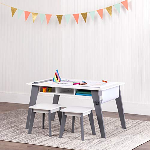 Wildkin Kids Arts and Crafts Table Set for Boys and Girls, Mid Century Modern Design, Includes Two Stools, Paper & Storage Cubbies Underneath Helps Keep Art Supplies Organized (Gray) , Grey