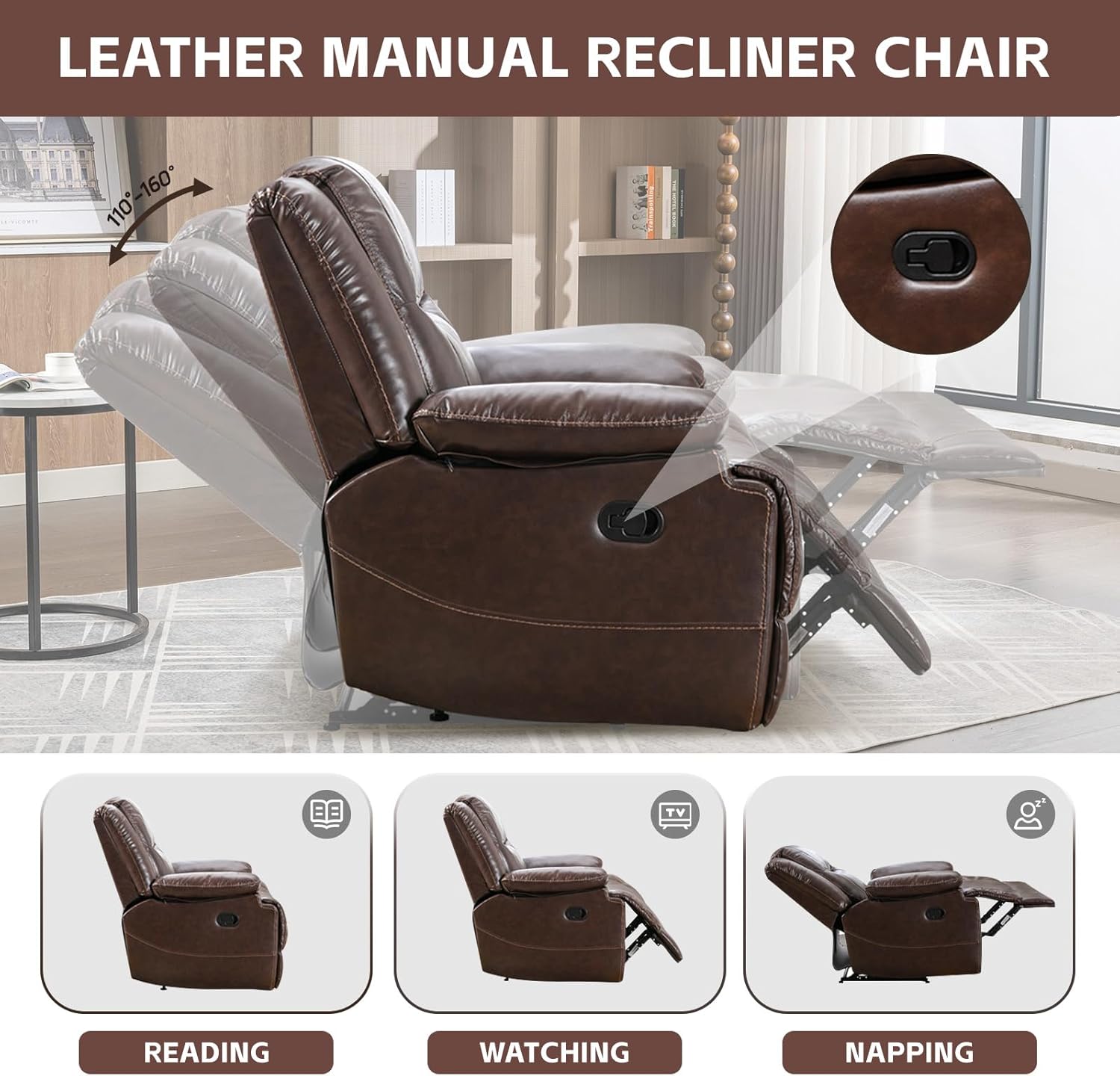 Genuine Leather Manual Recliner, Classic Traditional Reclining Chair with Overstuffed Back and Arm, Single Sofa Recliner Chair for Living Room, Bedroom, Home Theater (Brown)