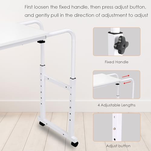 Arlopu Overbed Table with Wheels,60.6-84.2 inches Mobile Bed Desk,Rolling Computer Desk, Laptop Cart,W/0-65°Tilt Stand,4 Heights and 6 Lengths,Side Storage Basket,for Home,Office and Hospital (Brown)