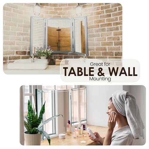 Houseables 3 Way Mirror, Trifold Vanity Mirrors, 21" x 31", 360 Degree View, Tri Fold, Triple Sided, 3way, Table Top, Wall Mount, Standing, Foldable, for Makeup, Braiding Hair, Desk, Bathroom, Bedroom