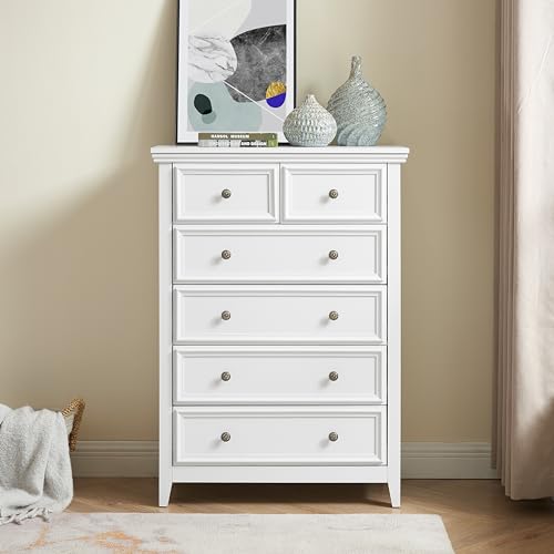 6 Drawer Dresser Chest with Slide Rails and Modern Metal Handles – Farmhouse & Modern Design, Wood Grain Tabletop, Anti-tipping Device, Multipurpose Storage Solution,White
