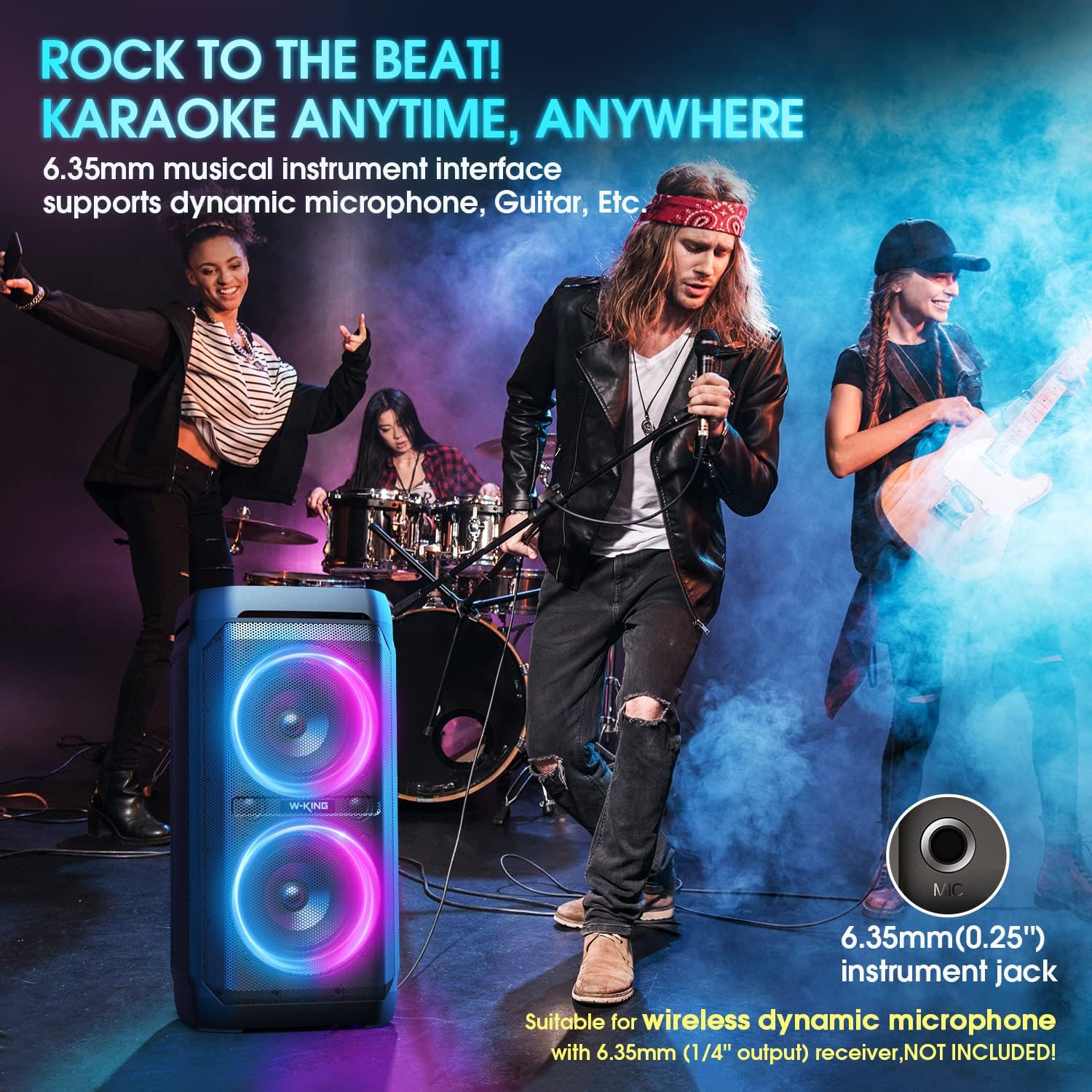W-KING 220W Peak 100W RMS Bluetooth Speakers, IPX6 Waterproof, V5.3 Portable Party Boombox Speaker Wireless Deep Bass/115dB Loud Massive Sound,Karaoke Outdoor LED Lights/Mic & Guitar Port/Echo/USB/EQ