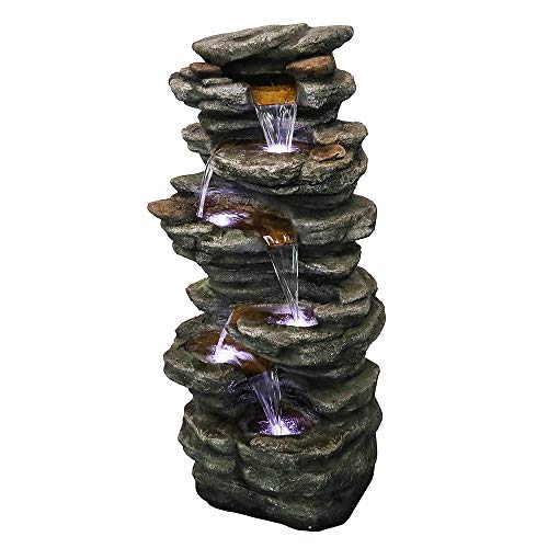 6-Tier Rockery Outdoor Fountain - 40” H Outdoor Waterfall Fountain with LED Lights for Home&Office Decor, Stacked Rock Cascading Relaxation Garden Fountains Outdoor for Patio, Yard, Deck