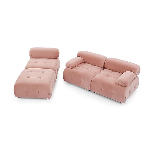 Sleeper Sofa couches Ottoman Cloud Couch Bed Loveseat Living Room Furniture Sturdy Solid Wood Frame Modular Sectional Comfortable Velvet Upholstery Button Tufted Design Pink