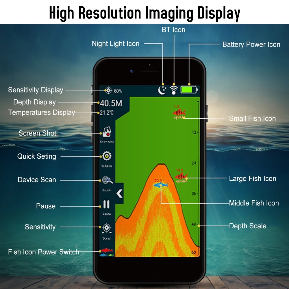 Andoer Smart BT Fish Finder with APP Portable Fish Detector Depth Finder Night Fishing Finder for Kayak Boat Ice Fishing