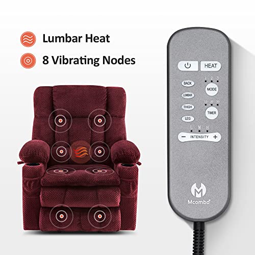 MCombo Dual Motor Power Lift Recliner Chair with Massage and Heat for Elderly People, Infinite Position, USB Ports, Cup Holders, Fabric 7890 (Medium-Regular, Burgundy)