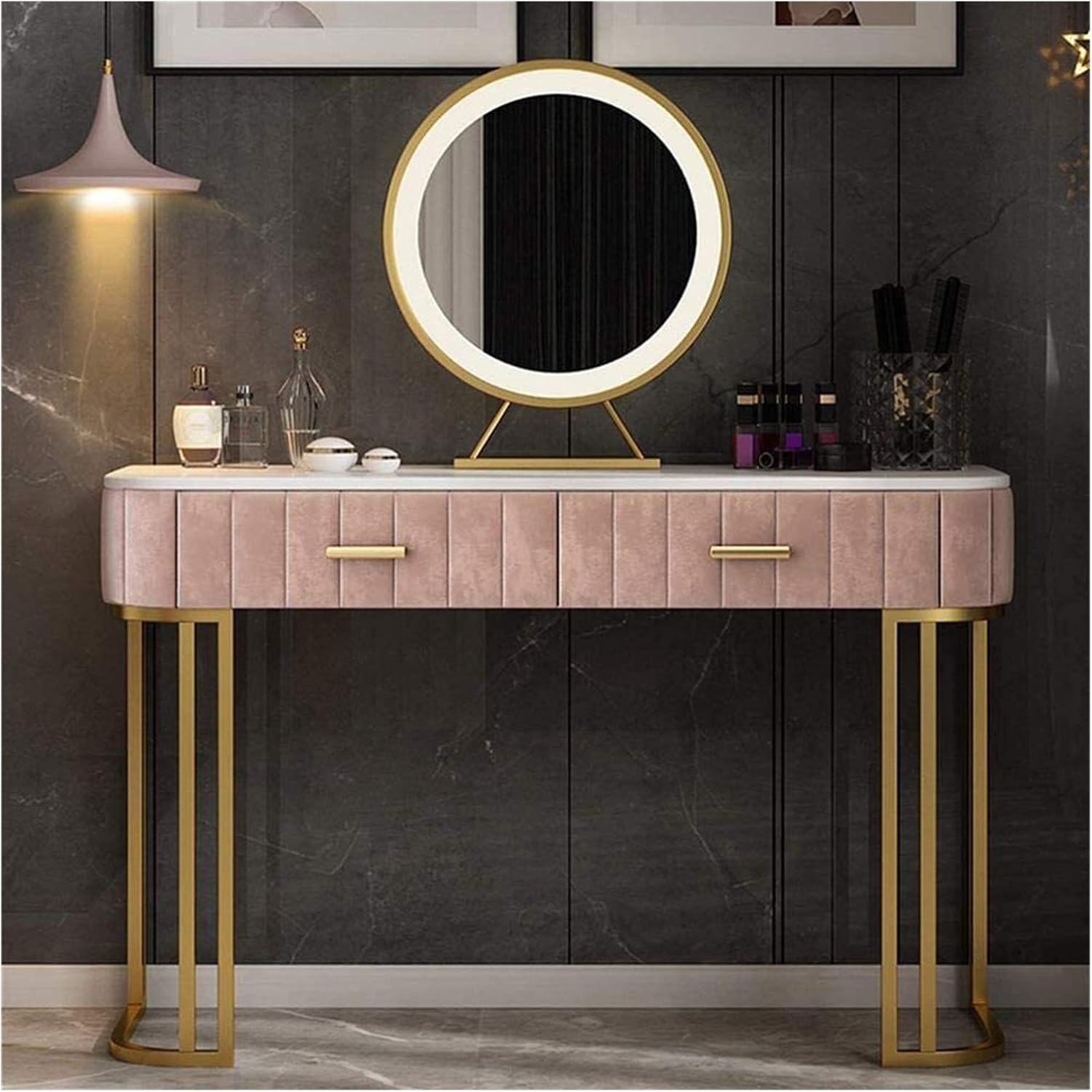 Dresser Table for Bedroom, Retro Luxury Desk with LED Stool, Multifunctional Large Storage Space Drawer, Bedroom Furniture (Color : Blue) (Pink)