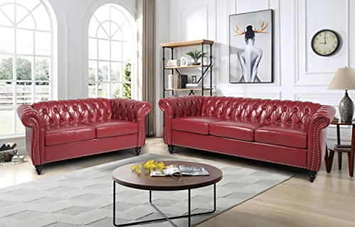 2 Pieces of Living Room Furniture Chesterfield Sofa Sets, Velvet Chesterfield Sofa&Chesterfield Club Chair Sofas Set with Nailhead Trim Scroll Arms(Green)