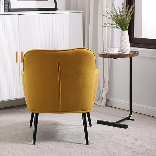 Linen Accent Chairs, Button-Tufted Bedroom Chair Mid Century Modern Armchairs with Black Metal Legs Upholstered Accent Chair Living Room Chairs, Orange