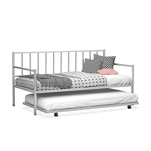 Giantex Twin Daybed with Trundle, Metal Twin Size Daybed with Pullout Trundle w/ 4 Casters, Metal Slat Support Sofa Bed for Kids Teens Adults Living Room, Guest Room, No Box Spring Needed, Silver