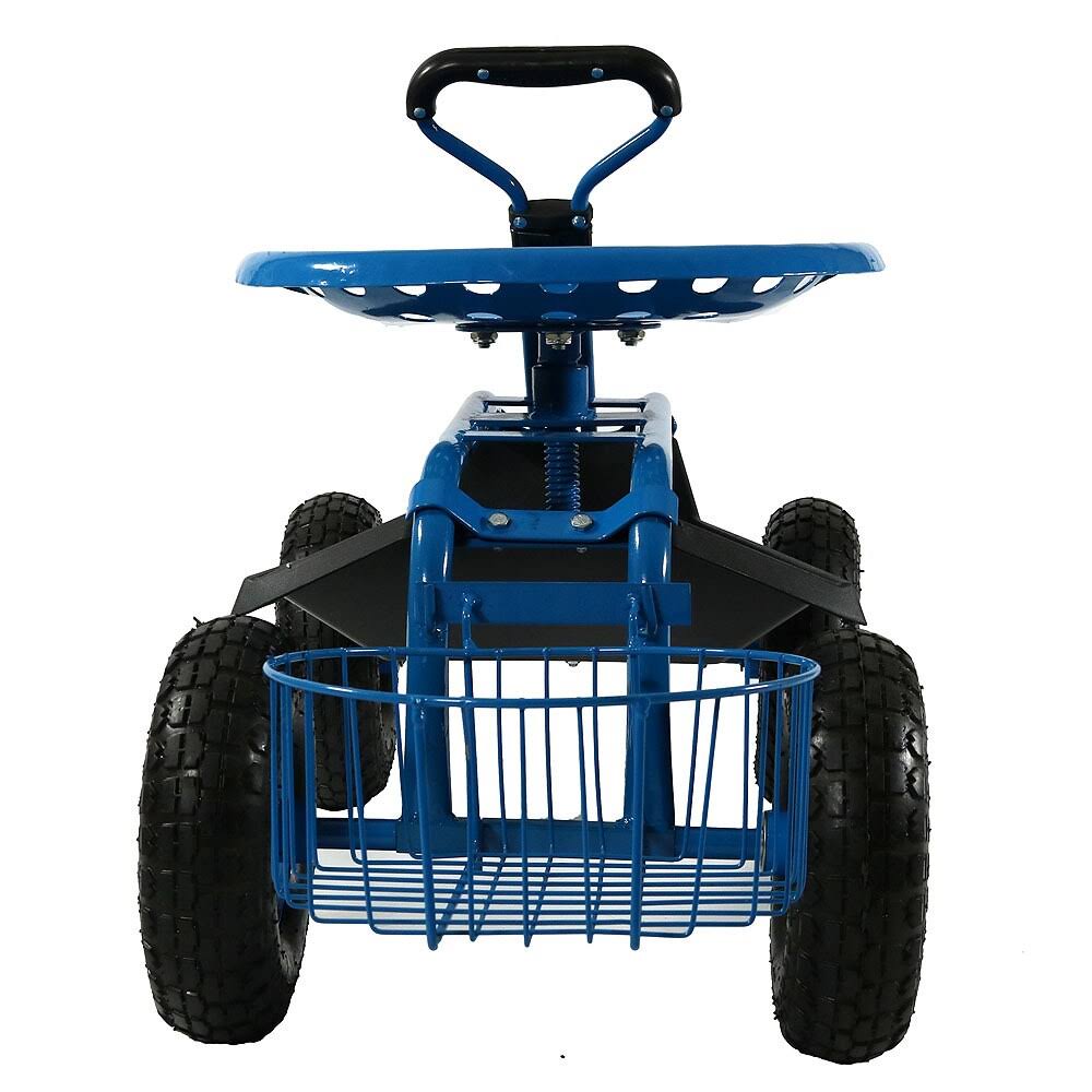 Sunnydaze Blue Rolling Garden Cart with Extendable Steering Handle, Swivel Seat