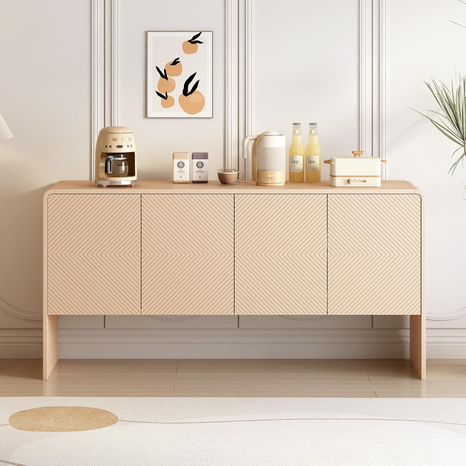 Large 60" Storage Sideboard with 4 Doors, Adjustable Shelves and Rebound Device, Minimalist Style Buffet Cabinet for Living Room and Entryway, Apricot Cream
