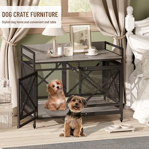 Large Dog Crate Furniture, 48 Inch Wooden Dog Kennel for XLarge Dogs, Heavy Duty Dogs Furniture Indoor Wire Dog Cage with Adjustable Feet & 360° Wheels, Decorative Pet House End Table, Grey