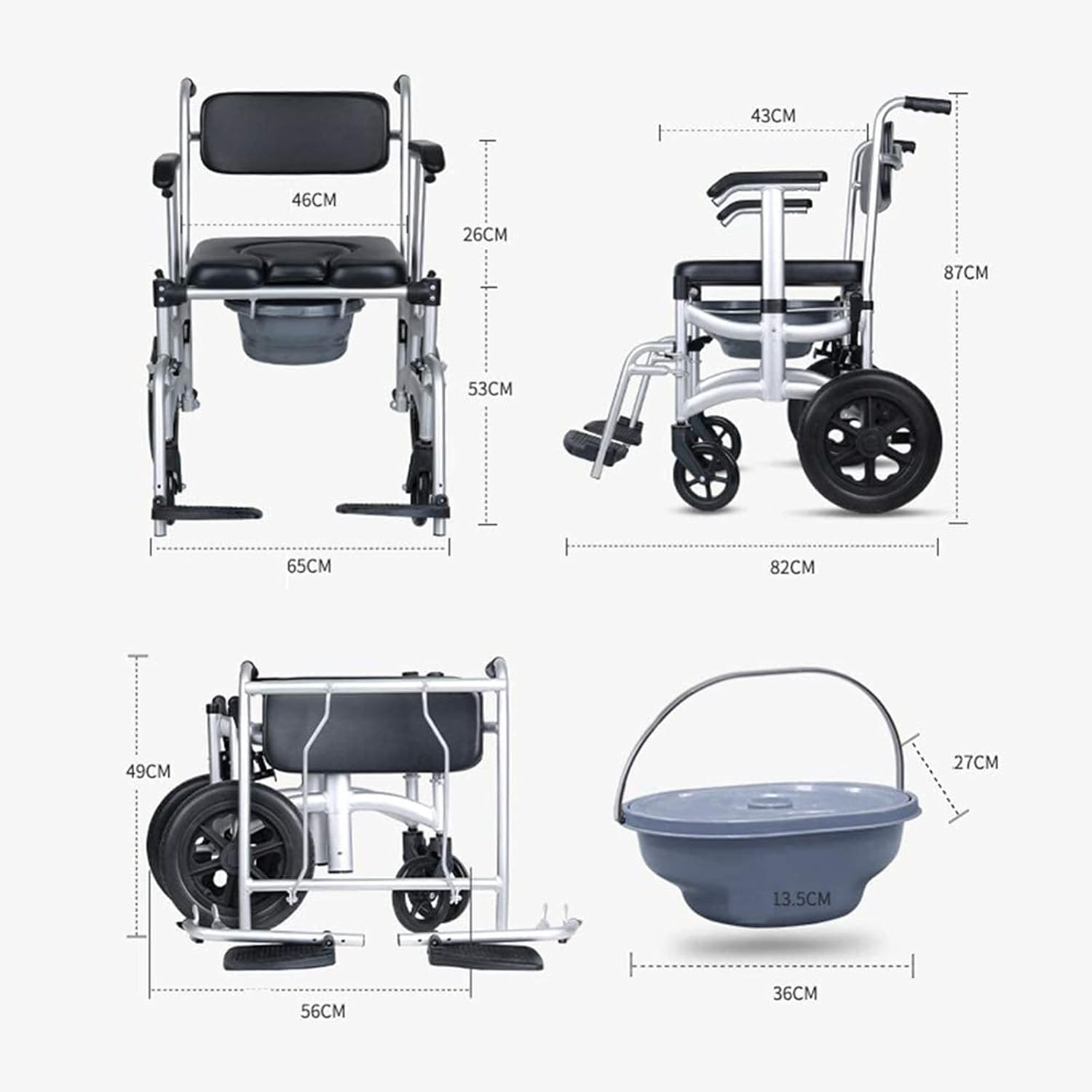 KOHARA Commode Shower Chair with Wheels, Bedside Commode/Wheelchair Padded Toilet Seat Shower Transport Chair with Arms Wheels Pedal Portable Aluminum Bath Chair for Elderly Disabled Pregnant